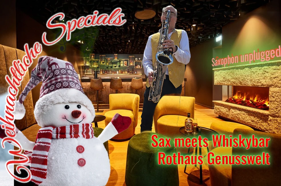 Whiskybar der Rothaus Genusswelt mit Klaus Grüninger und seinem Saxophon vor dem Kamin.